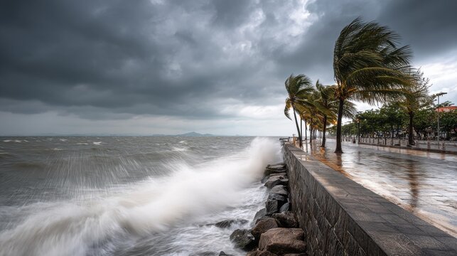 Stormy seas crash against a seawall as palm trees sway violently in the wind. Powerful ocean waves surge over rocks and a stone embankment during a severe storm with dark, ominous clouds overhead