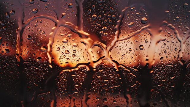 Heavy rain streaming down window pane at dusk