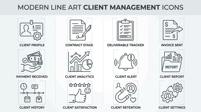 Modern line art client management icons.