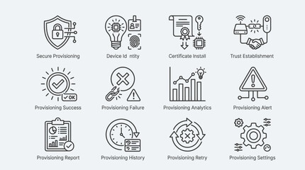 Fototapeta premium Set of line art icons for device provisioning and security management.