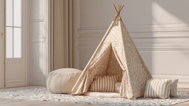 Stylish patterned teepee tent in a modern nursery with elegant wall molding