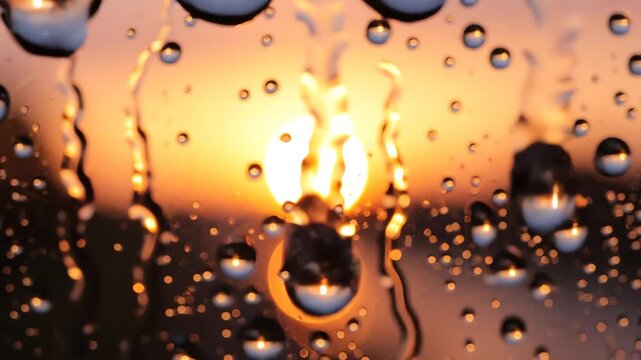 Golden sunset light glowing through raindrops on a window pane