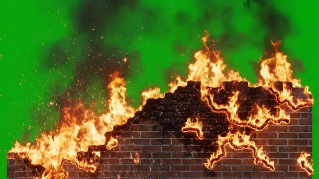 Fiery Explosion Erupts on Brick Wall with Green Screen Background.