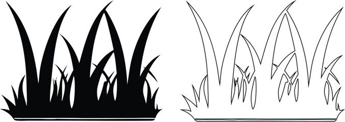 Detailed black silhouette and outline of dense grass patches on white background clump © Parvin