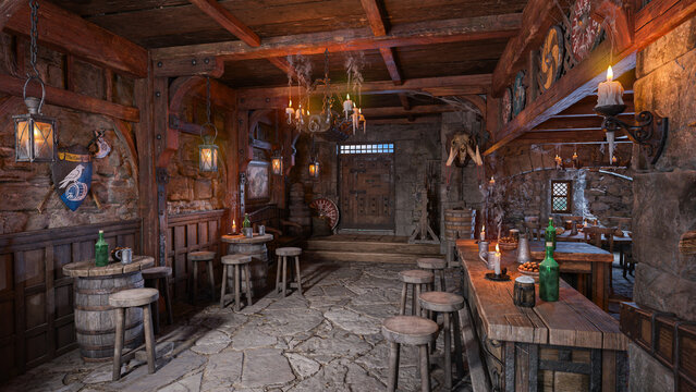 Medieval tavern bar interior with stone floor and wooden furniture. 3D rendered illustration.