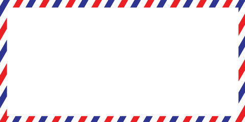 Fototapeta premium Airmail Envelope frame images with strips. International vintage letter border. Retro air mail postcard with blue and red stripes. Empty classic postal frame. Vector illustration