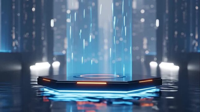 A futuristic cityscape with neon lights reflecting on water.