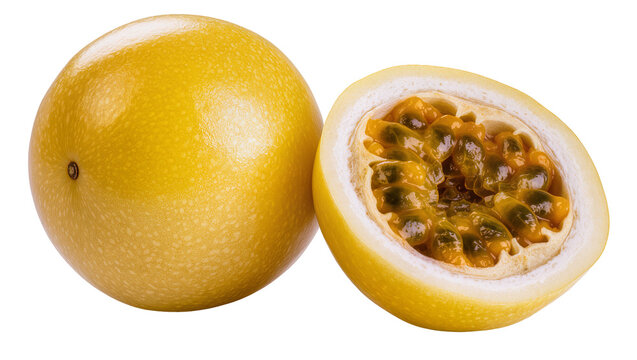 Whole and halved yellow passion fruit with seeds and pulp