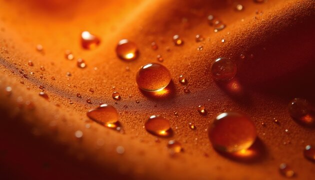 Water beads form on orange fabric texture. Macro shot shows liquid beading on material surface. Hydrophobic textile repels droplets creating sphere shapes.