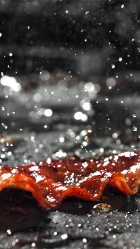 The bacon is fried in a pan with a splash of oil. Filmed on a high-speed camera at 1000 fps. High quality FullHD footage