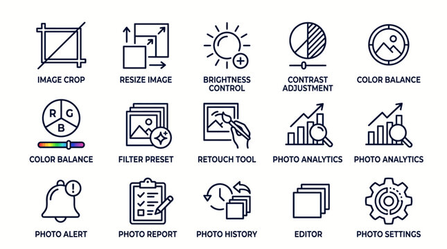 Set of photo editing and image processing thin line icons.