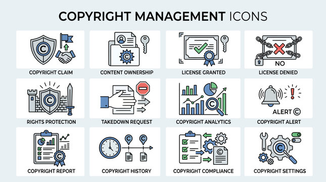 Set of Twelve Copyright Management Icons for Digital Rights and Intellectual Property Protection.