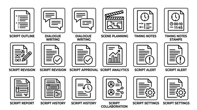 Set of scriptwriting and production workflow outline icons.