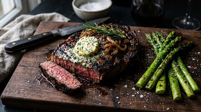 Grilled medium-rare ribeye steak showcasing dark char marks is topped with melting garlic herb butter and served alongside green asparagus.