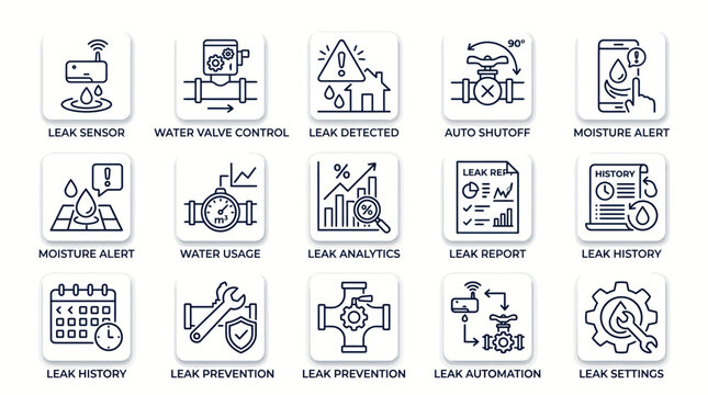 Set of Smart Water Leak Detection and Home Automation Line Icons.