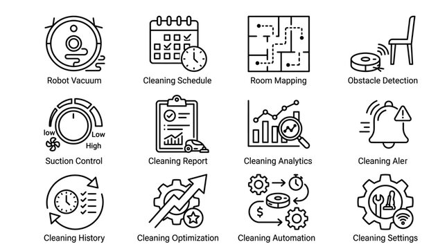 Set of smart robot vacuum cleaner technology line icons.