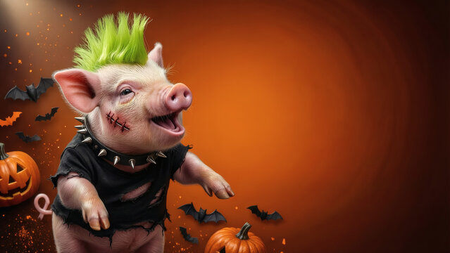 A cute punk piglet with a green mohawk, spiked collar, and stitches on its cheek, celebrating halloween with pumpkins and bats against an orange background