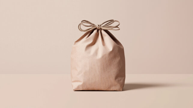  neatly wrapped brown paper package tied with a simple string bow against a plain beige background.