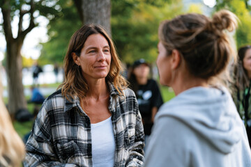 Fototapeta premium Smiling Woman Wearing Cozy Flannel Shirt Engaged in Friendly Conversation in Outdoor Group Setting, Team Building and Social Connection, Warm Interaction and Sense of Community in Natural Environment