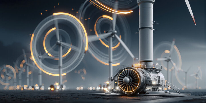 Hightech turbine with glowing rings. Power generation unit with luminous energy bands