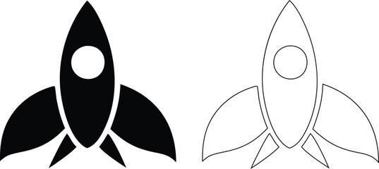 Rocket ship in solid black and outline white on a white background, symbolizing space exploration, and launch © Parvin