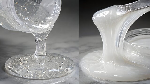 Clear and white slime texture being stretched and poured for cosmetic gel adhesive liquid polymer material and satisfying abstract background concept