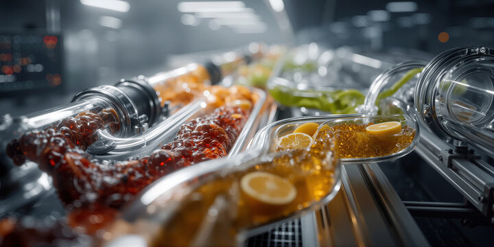 Energetic industrial scene with lively citrus fluids coursing through clear bubbly tubes
