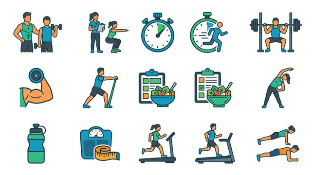 Fitness and Health Icons Set Representing Exercise and Healthy Lifestyle.