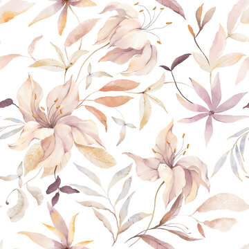 Floral watercolor pattern of abstract branches with lilies, seamless illustration for delicate fabric, home textile or repeat background. Hand-drawn print with design elements on white background.