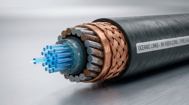 Cross Section of Submarine Fiber Optic Cable Showing Protective Armored Layers and Glowing Blue Glass Cores on Technical Background