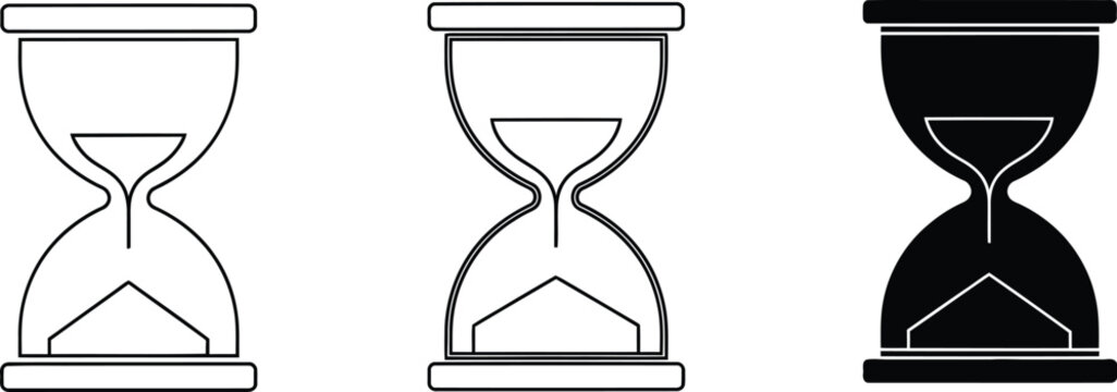 Three hourglass icons in line art outline and solid fill styles for time and timer concepts