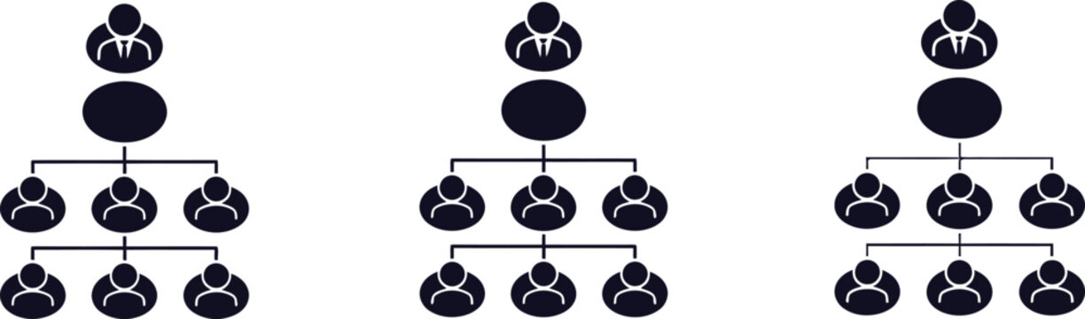 Organizational chart illustration three hierarchical structures depicting management and team reporting relationships