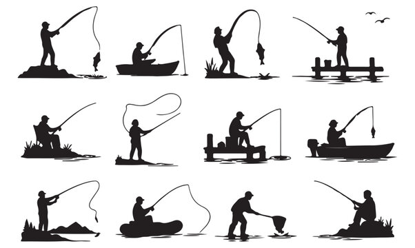 Fisherman Silhouettes Vector Set - Fishing Activity Icons