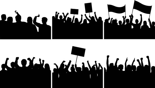 Protest Crowd Silhouette Collection with Raised Fists Flags and Demonstration Signs for Social Event Design Projects