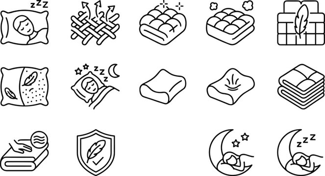 Performance bedding and mattress material vector icon set for comfort, breathability, and hypoallergenic features in sleep technology