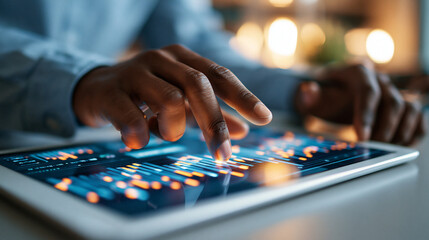 Fototapeta premium A close up of hands engages with a bright sleek tablet displaying glowing softly defocused data analytics in calm daylight tablet analytics faceless detail softly