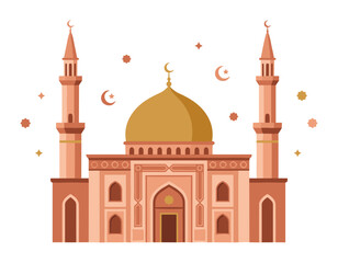 Illustration of a mosque with golden dome and two minarets with crescent moons and stars on transparent background © Yehor