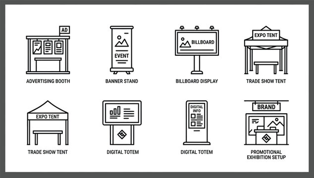 Trade show exhibition equipment and outdoor advertising line icon vector set with promotional display elements for marketing design