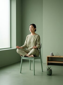 Woman Meditating in Serene, Green Minimalist Room