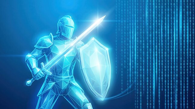 Digital cybersecurity knight protecting data with binary code background