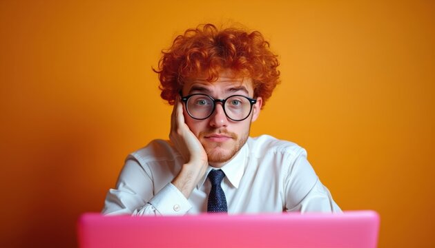 Bored young man with ginger curly hair, glasses sits at desk with pink laptop. Looks unimpressed, tired, resting head on hand. Man appears unmotivated working studying, perhaps procrastinating on