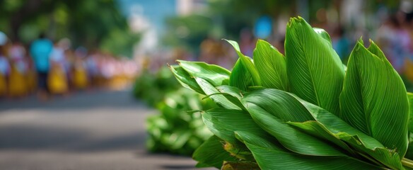 Fototapeta premium Banana leaves dance in the festive parade celebrating cultural heritage and community spirit.