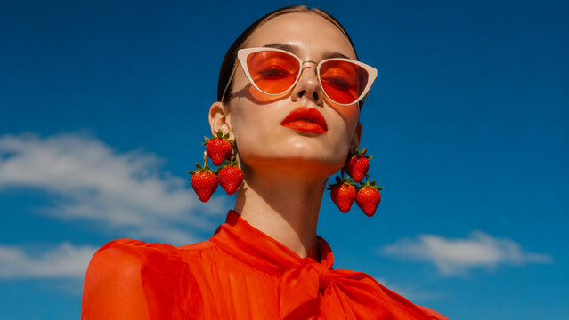 Woman wearing red sunglasses and cherry earrings against a blue summer sky.