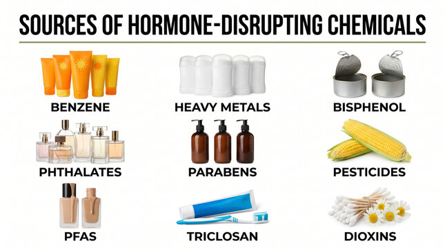 Educational Infographic Showing Nine Sources of Hormone Disrupting Chemicals in Everyday Products