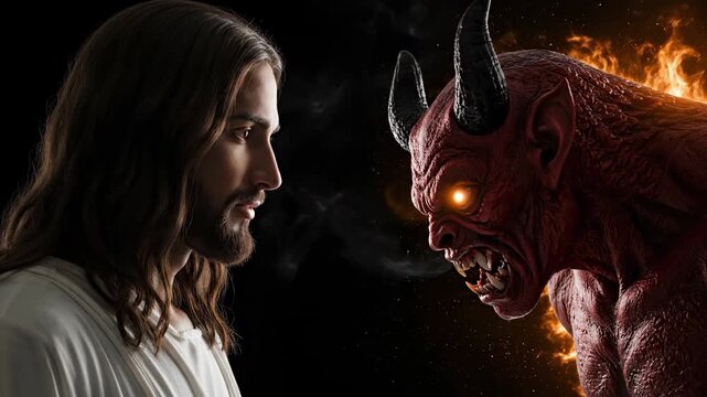A divine figure confronting a demonic entity with flames and dark contrast