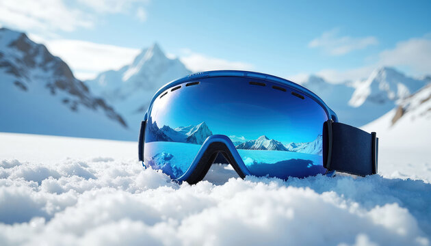 Blue ski goggles rest on fresh snow with reflective lenses showing majestic snow-capped mountains. Winter mountain landscape reflected in goggle lenses. Snowy peaks in background.