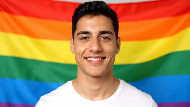 Portrait of a smiling person, positioned in front of a colorful, horizontal striped flag