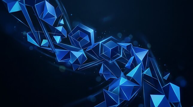 Abstract background featuring glowing blue geometric crystal shapes and 3D network structures.