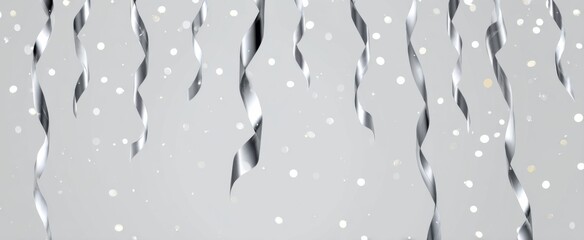 Fototapeta premium Shiny silver confetti with hanging glitter ribbons perfect for elegant celebration invites and festive banners