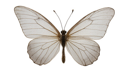 Translucent white butterfly with brown veins and fuzzy body © Gael